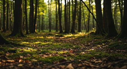 Sunlight filtering through a dense forest canopy onto a mossy forest floor.