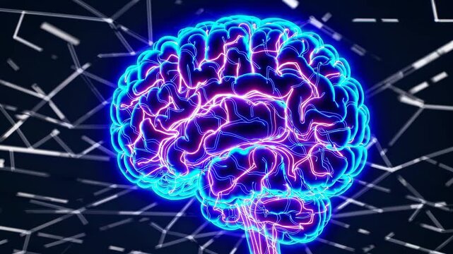 Futuristic video concept of a glowing neon brain with electric patterns, viewed from a side angle, set against a dark, abstract background. Live desktop wallpaper.
