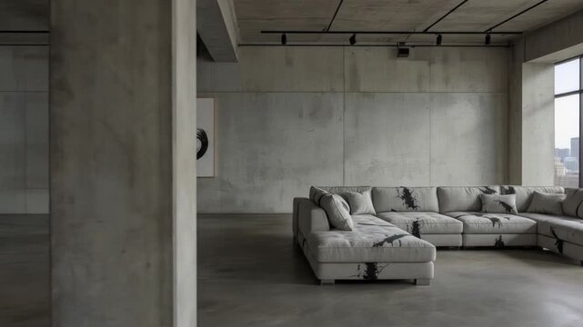 Industrialstyle loft with a grey sectional sofa and concrete walls featuring a framed circular art piece