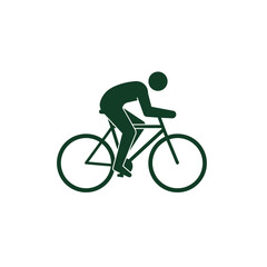 Obraz premium A dark green silhouette icon of a cyclist riding a bicycle in a racing posture on a white background.