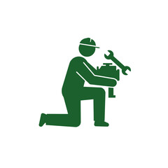 A green silhouette of a kneeling mechanic holding a wrench and engine, repairing.