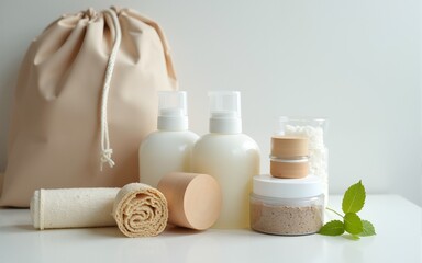 A close-up of an eco-friendly travel kit including biodegradable toiletries and reusable containers, with a clean background and plenty of copy space for tips on sustainable packing. High quality