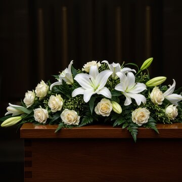 Elegant floral arrangement featuring white lilies and roses resting upon a finely polished wooden funeral container during a somber ceremony, solemn, respectful, interment