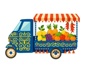 Vibrant street fruit cart with exotic produce and traditional truck art on white background