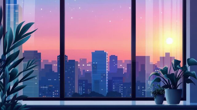 Brightly colored city skyline at sunset with skyscrapers seen through a window with reflections. A vibrant and lively urban scene in digital art style.