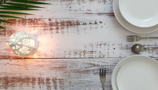 Elegant Iftar Table Setting for Ramadan with Glowing Lantern. - Powered by Adobe