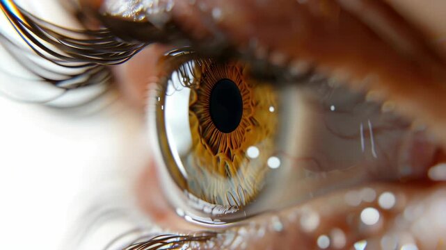 A detailed showcasing the intricate structure and color of a human eye, with the iris in focus against a blurred background.