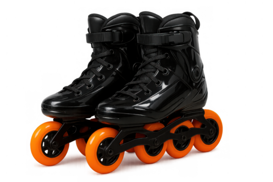 Inline skates with black boots and vibrant orange wheels for sports, fitness, and recreation, isolated on transparent background