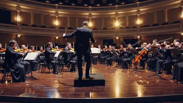 Wide-angle shot of an orchestra performing in a grand hall, conductor in focus. Elegant, cinematic style, ideal for a classical music video.