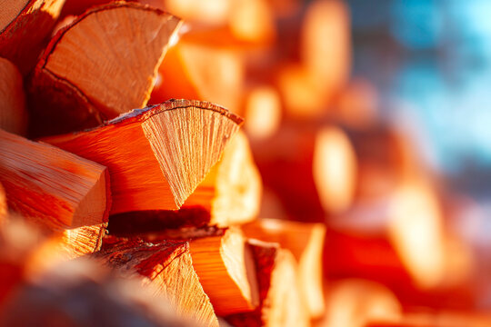 Outdoor pile of natural brown wood logs stacked for firewood rustic scene