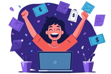 Happy woman celebrating success with documents and money.