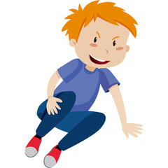 Young Boy With Red Hair And Blue Shirt Crouching Down With A Mischievous Smile And Wide Eyes Ready To Play