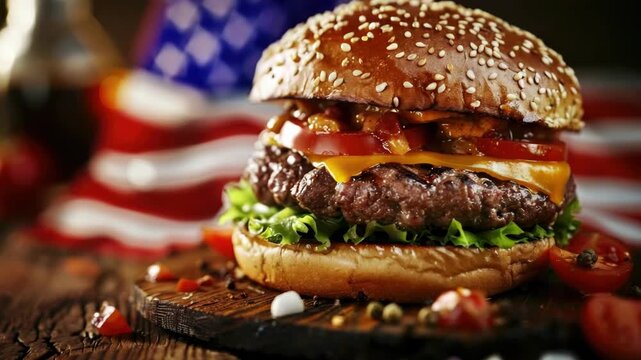 A close-up of a delicious burger stacked high with meat, cheese, lettuce, tomato and pickles, on a rustic wooden table. American flag in background for patriotic vibe. - Powered by Adobe