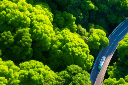 Railway and highway passing through forest aerial transport corridor landscape