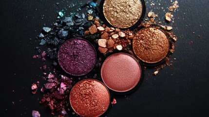Assorted Shimmering Eyeshadows and Crushed Pigments on Black Background