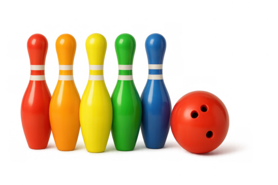 Colorful toy bowling set with rainbow pins and red ball representing fun, play, and children's games