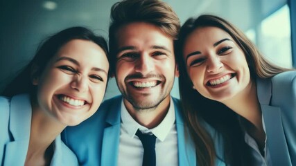 A joyful team of three colleagues smiling and looking at the camera in an office setting.