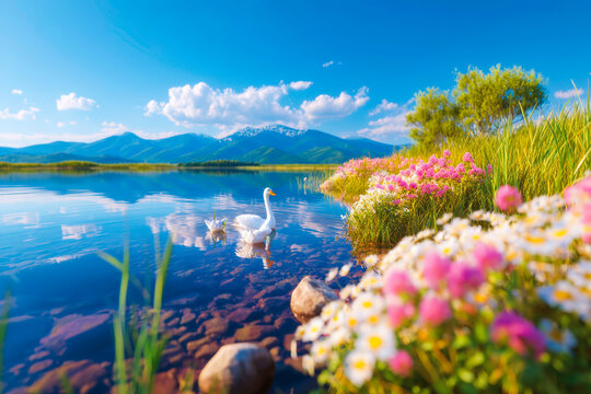 Summer birdwatching over blue lake tranquil waterfowl observation nature day