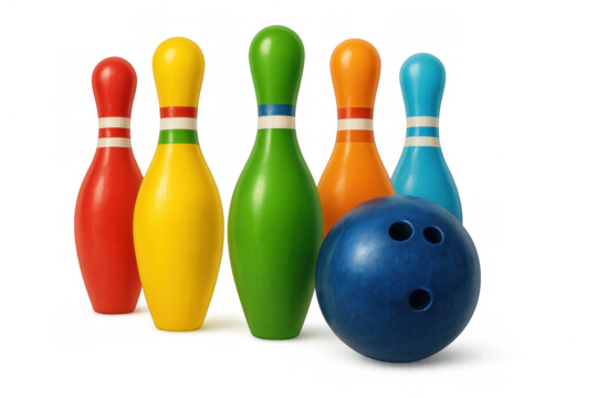 Bowling game with colorful pins and blue ball standing ready for action on transparent background