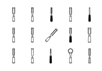 Set of chisel and ratchet tool icons. A collection of vector line art illustrations for carpentry and woodworking