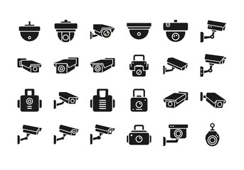 Set of black solid glyph icons depicting various security cameras for surveillance and CCTV systems. Vector illustration collection