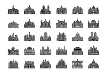 Obraz premium Vector icon set of thirty government buildings and city landmarks. A collection of architectural silhouettes including city halls and palaces