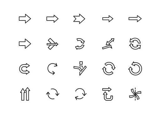 A versatile collection of thin line arrow icons, including navigation, reload, and circular rotation symbols for user interface design