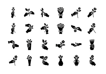 A versatile collection of black glyph icons depicting hands holding flowers, bouquets, and plants for floristry concepts