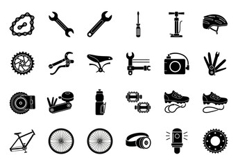 A versatile collection of solid black glyph icons for bicycle maintenance, repair tools, and cycling sport accessories. Vector illustration set