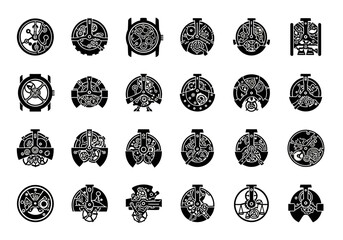 Vector set of twenty-five clockwork icons. Silhouette illustrations of intricate steampunk pocket watch mechanisms