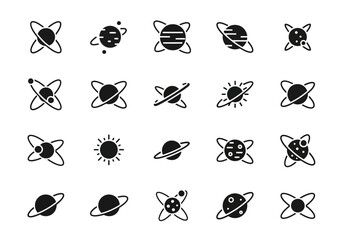 Simple black glyph icon set of space objects. A collection of flat vector illustrations of planets, Saturn, suns, and stars for science and UI design © John