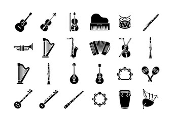 Glyph icon set of various musical instruments for orchestra, jazz, and folk music. Simple vector graphics