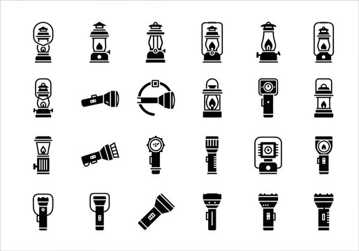 A set of glyph icons showing various lanterns and flashlights. Vector symbols for camping and emergency lighting from collection 2j (113).eps