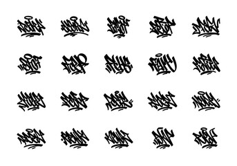Set of urban graffiti tag lettering designs. Vector collection of handwritten street art signatures and abstract calligraphic elements