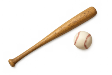Baseball bat and ball, classic wooden equipment for american pastime sport, game, and recreation, transparent background