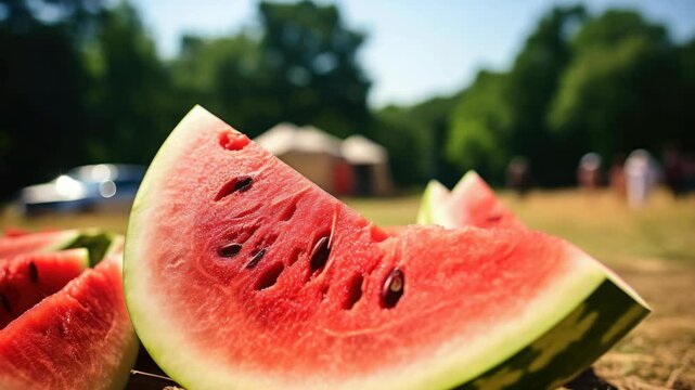 A slice of watermelon is cut in half. The watermelon is red and green. There are two people in the background