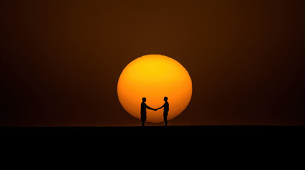 Silhouettes of two people shaking hands against the backdrop of a large orange sun at sunset with a dark horizon and warm atmospheric lighting