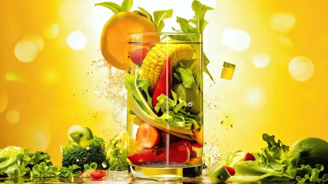 A vibrant explosion of healthy fruit juice in a blender. Perfect for a refreshing drink or a fun advertising concept.