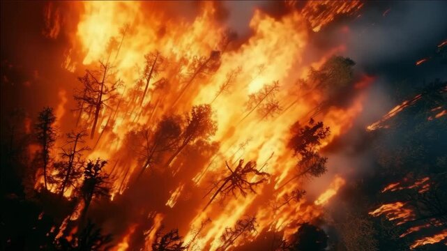 The shows a large wildfire burning through the trees of a forest, creating an intense and dramatic scene.