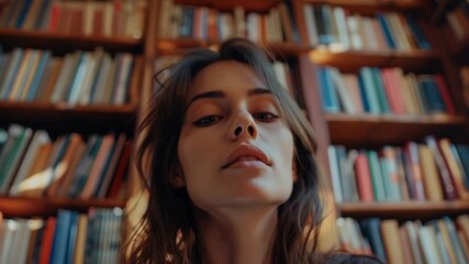 A close-up of a woman deeply engaged in a book amidst a vast library collection.