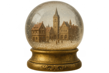 Vintage snow globe capturing a winter town square with falling snow and a prominent clock tower