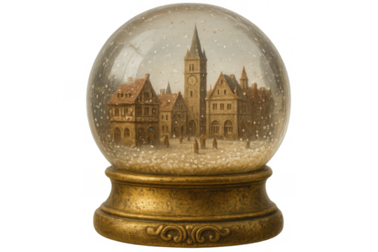 Vintage snow globe capturing a winter town square with falling snow and a prominent clock tower