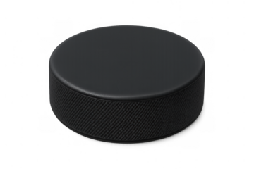 Hockey puck isolating on transparent background, black rubber ice hockey sport equipment for winter game play