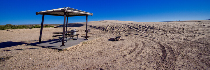 Picnic area on the edge of the Mescalero Sands North Dune Off-Highway Vehicle Area east of Roswell, New Mexico
