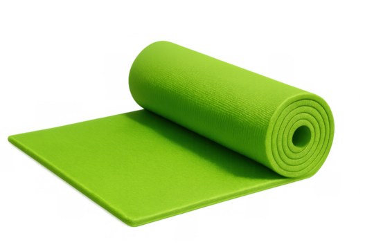 Green exercise mat partially unrolling, providing cushioned support for yoga, fitness, and home workout training