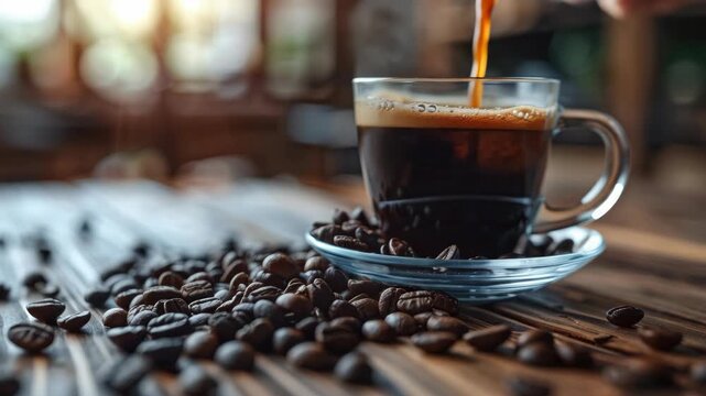 A cup of coffee with a rich, creamy froth sits atop a pile of freshly roasted coffee beans on a rustic wooden table. The scene suggests the cozy comforts of a coffee break.