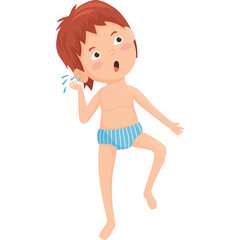 Young Boy With Red Hair Wearing Blue Striped Underwear Splashing Water On His Face And Ear With A Surprised Expression On A Transparent Background