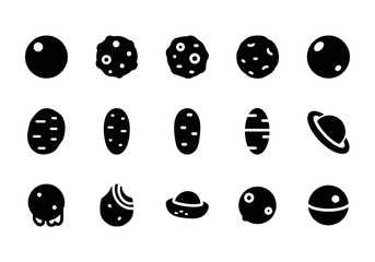 A simple glyph icon set of celestial bodies, including planets, asteroids, and meteors. Black and white vector illustrations for astronomy and science themes