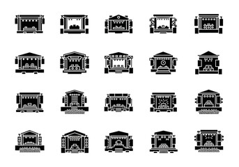 Set of black glyph icons representing various concert and music festival stages. Vector design elements for entertainment and performance concepts