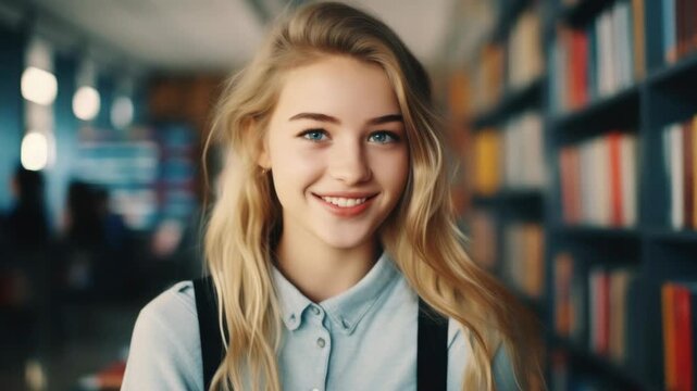Beautiful young woman with blonde hair and blue eyes, smiling at the camera while seated in a library filled with books.